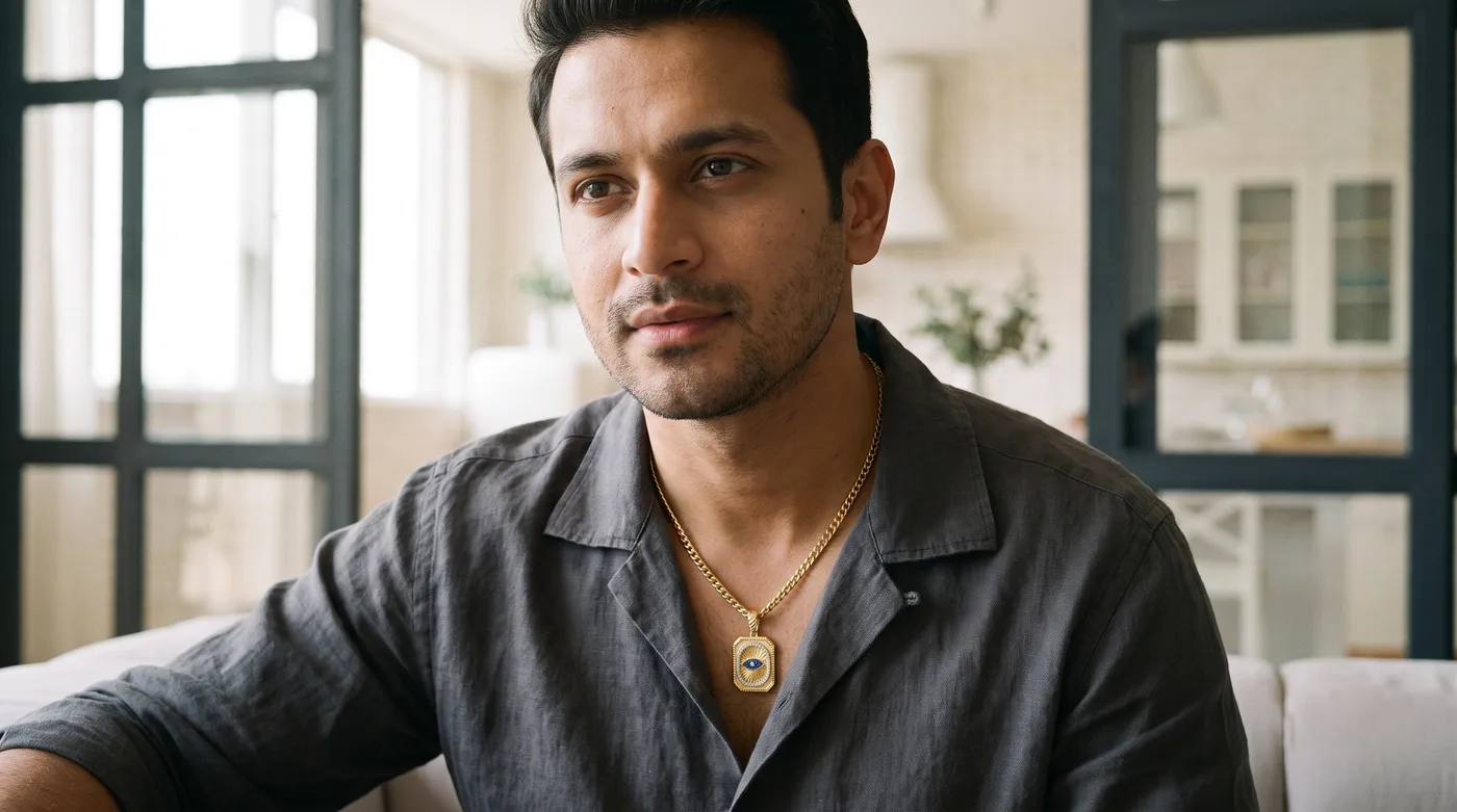 hallmark gold chain for men 2026 buying guide hero showing a fair-skinned Indian man wearing The Serenity Evil Eye Pendant For Him on a solid gold chain