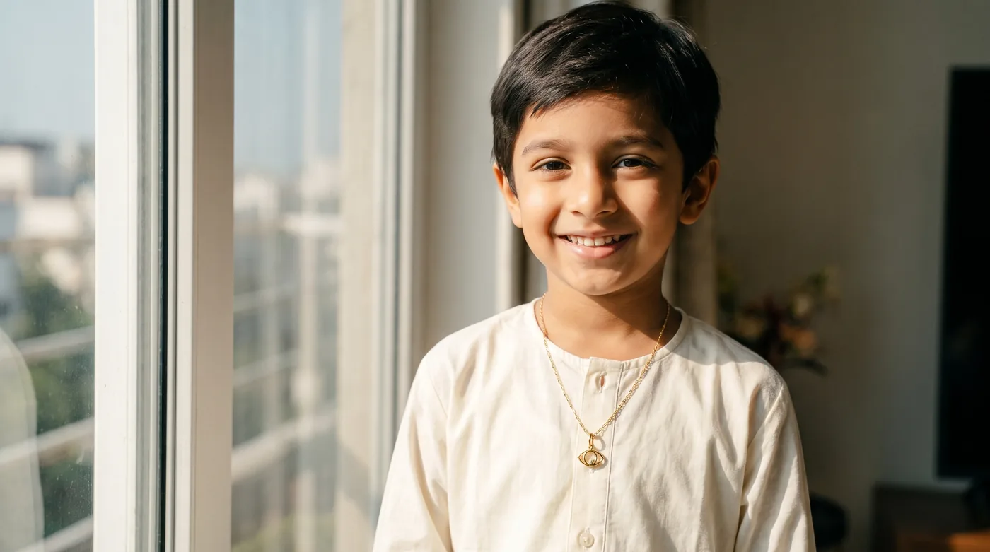 Kids gold chain 2026 buying guide: fine 18k gold chain with protective evil eye pendant worn by a fair-skinned Indian child