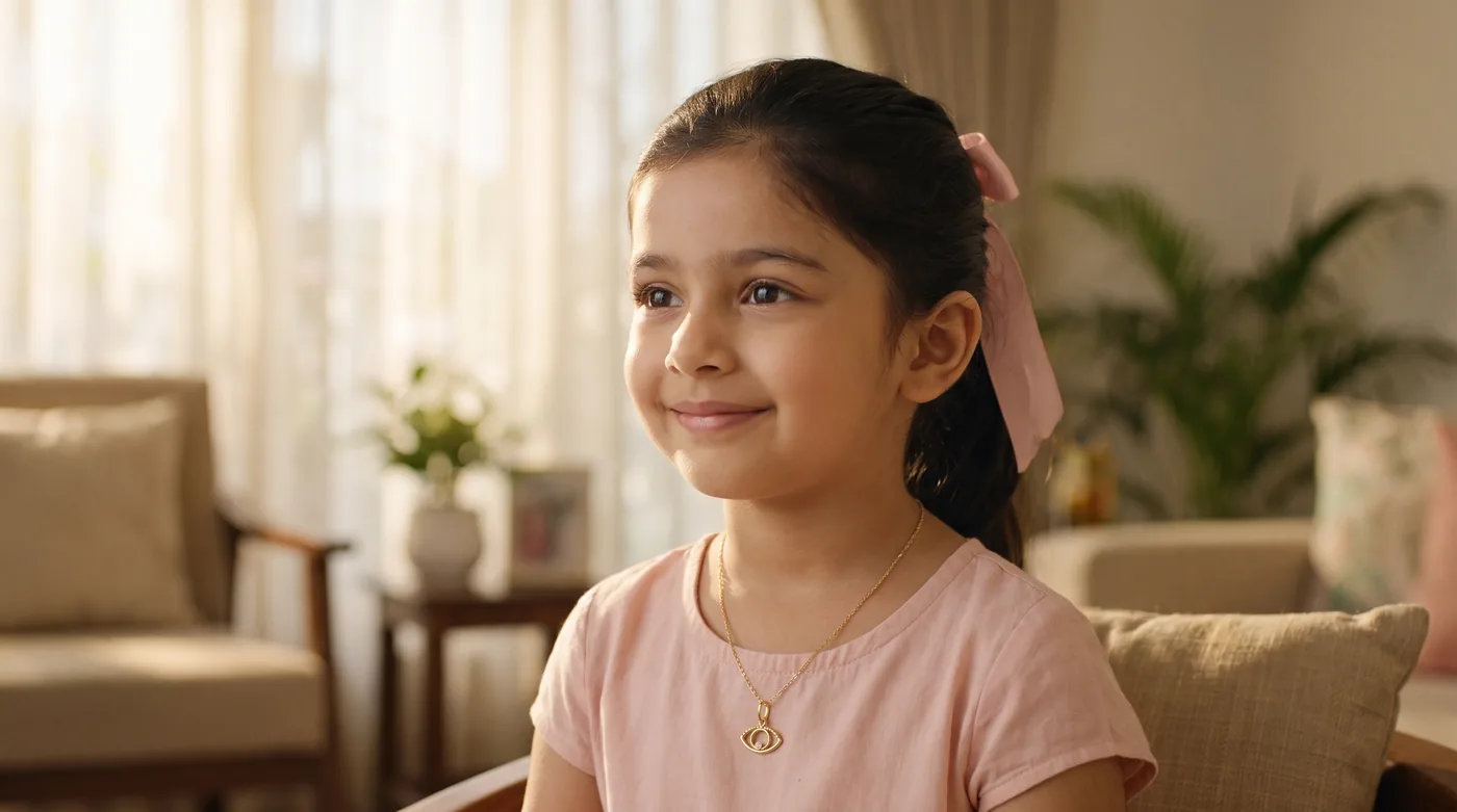 kids necklace 2026 hero: fair-skinned Indian child wearing The Melene Evil Eye Pendant on fine gold chain in sunlit home