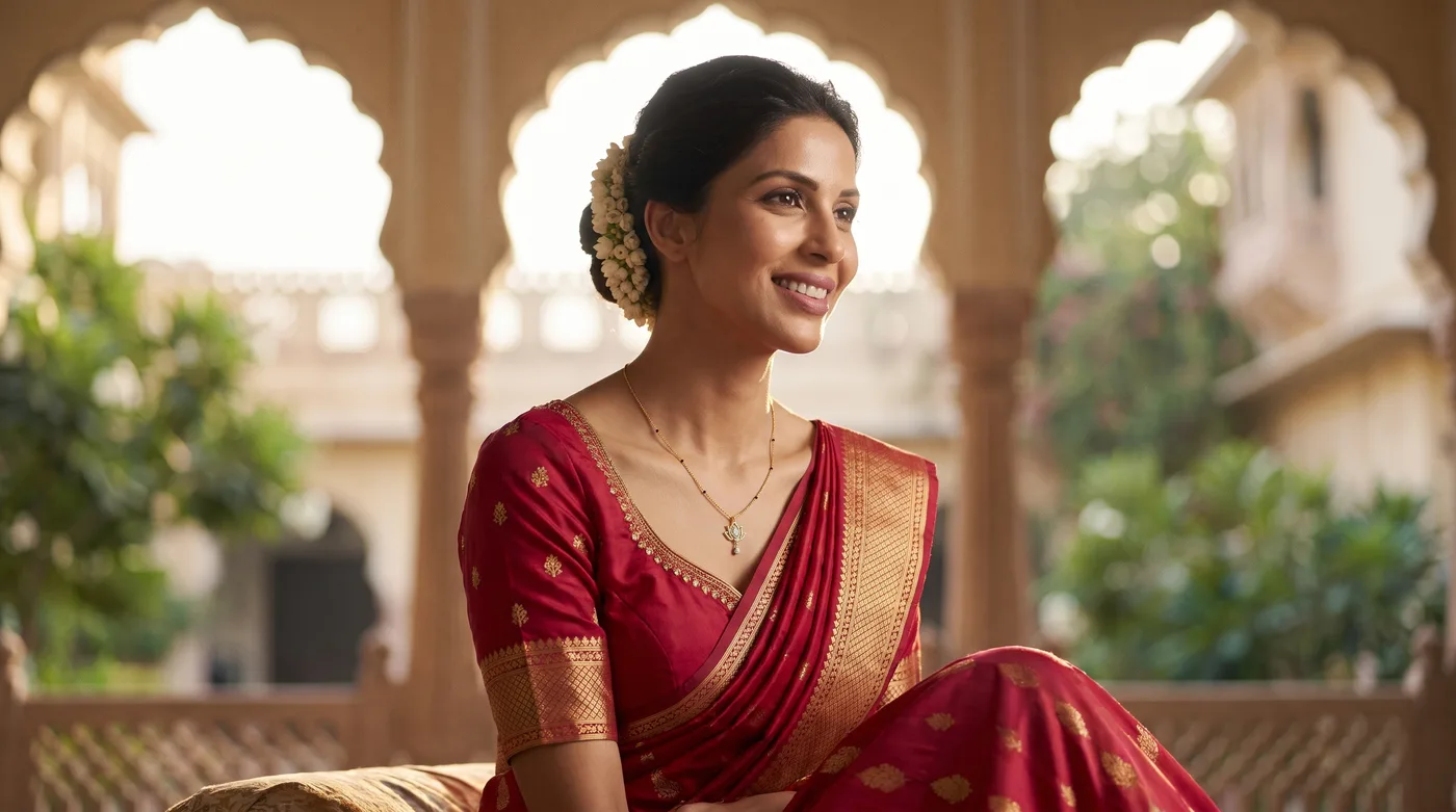 Kundan bridal jewellery set buying guide 2026 hero: fair-skinned Indian bride wearing The Shubhlatika Mangalsutra Necklace in 22k gold from BlueStone