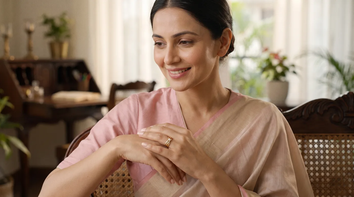 Single diamond ring 2026 buying guide hero showing a fair-skinned Indian woman wearing The Liza Ring in 18k fine gold