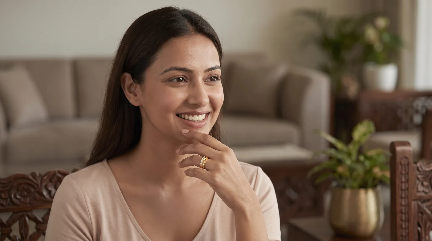Solitaire diamond ring 2026 buying guide hero: The Rafia Ring in 18kt yellow gold worn on fair-skinned Indian woman hand