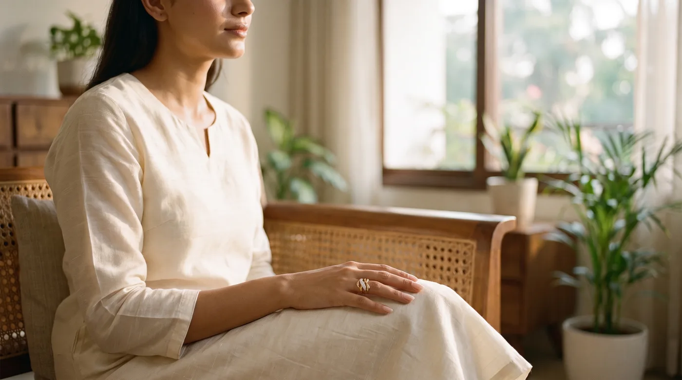 Stackable rings 2026 buying guide hero showing an elegant fair-skinned Indian woman wearing The Gigi Ring in 18k fine gold
