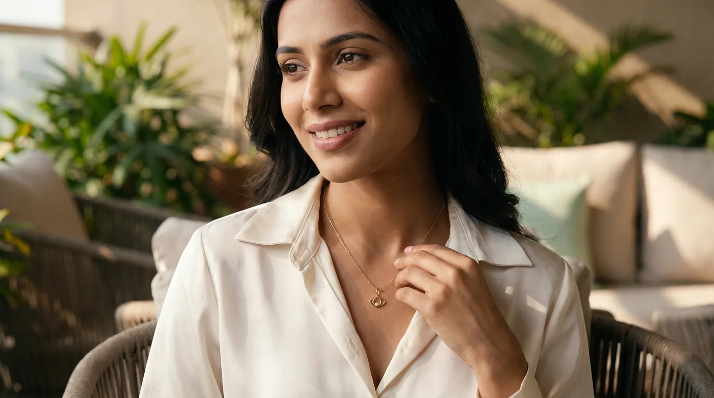 stone chain 2026 buying guide hero showing a fair-skinned Indian woman wearing The Melene Evil Eye Pendant chain in morning sunlight