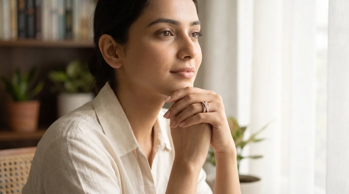 Stone ring 2026 hero: The Le Sommet Ring styled on fair-skinned Indian hand
