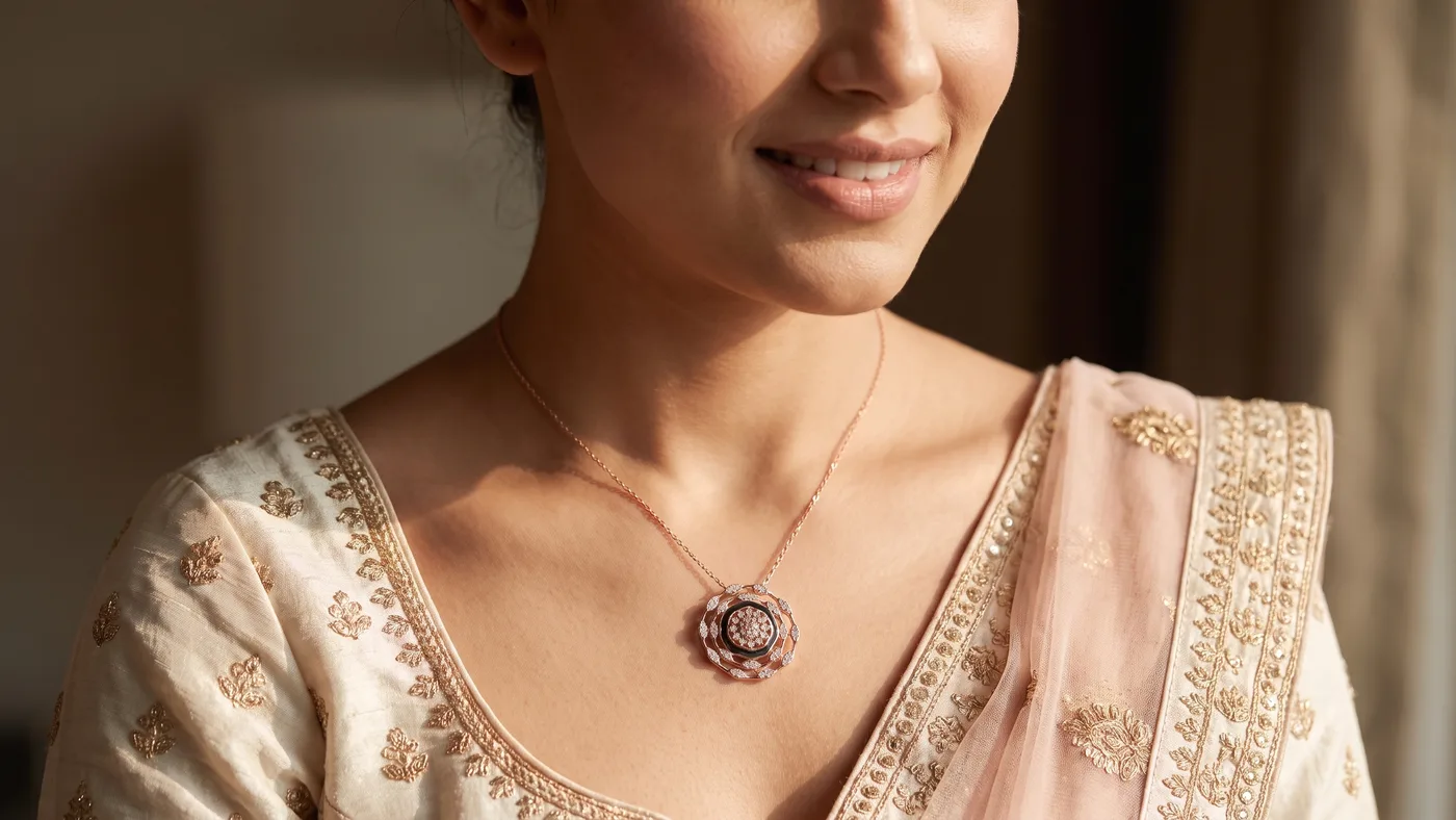 Wedding gold necklace design 2026 bridal hero styling: The Teshvarya Pendant