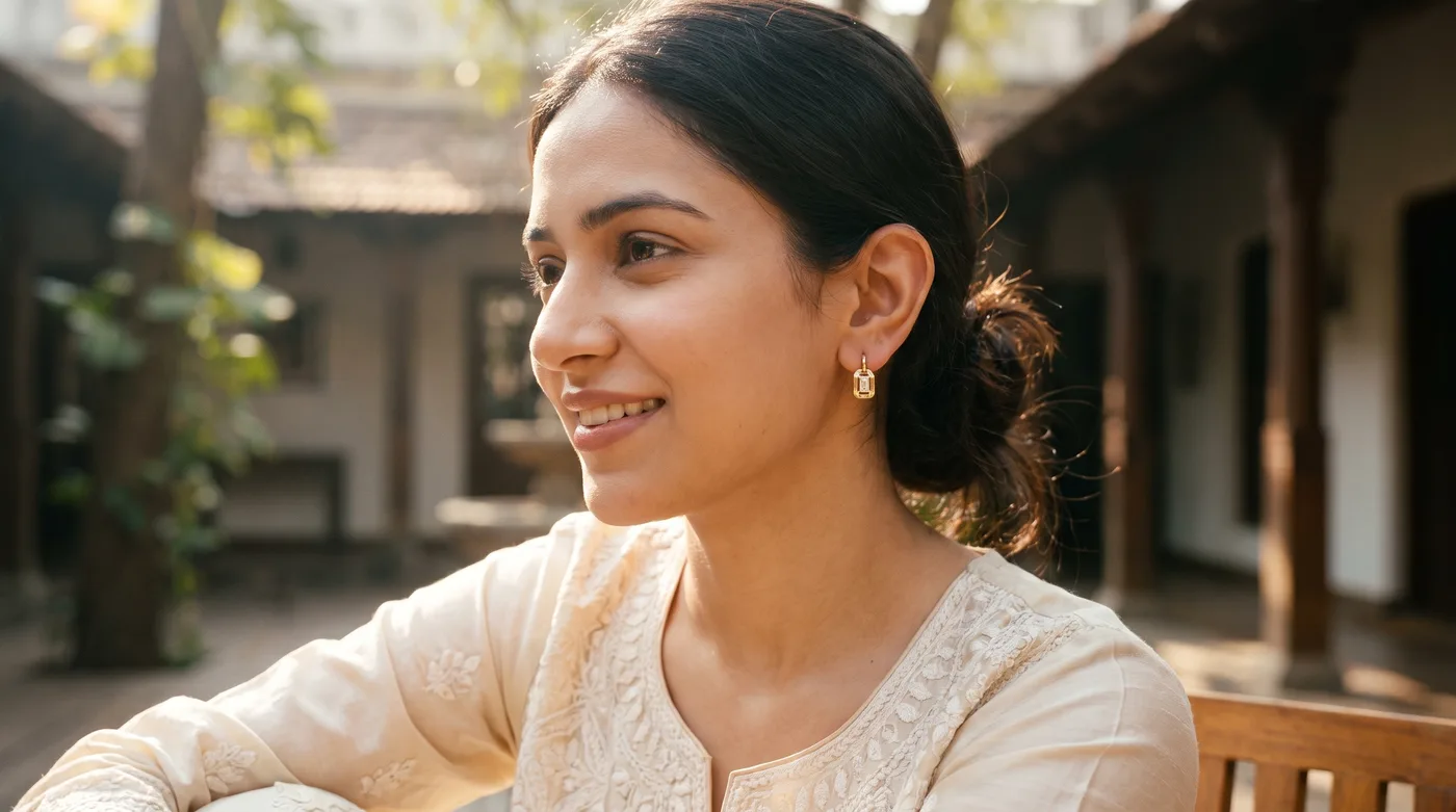 white jhumka 2026 buying guide hero showing a fair-skinned Indian woman wearing The Faliha Purse Hoop Earrings in warm morning sunlight
