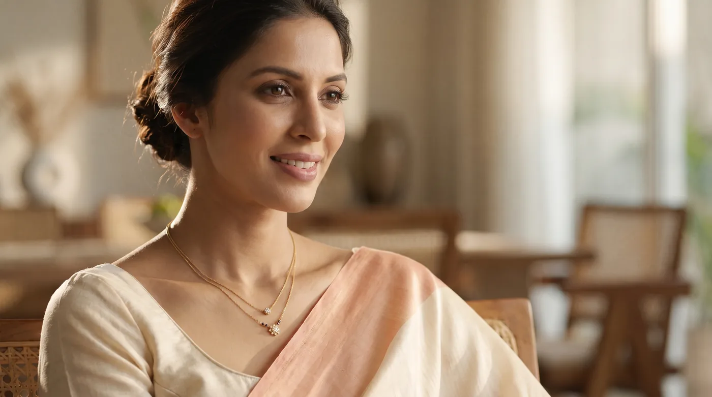 women chain 2026 hero, The Ninetta Mangalsutra Necklace in solid gold worn on neckline by an Indian woman