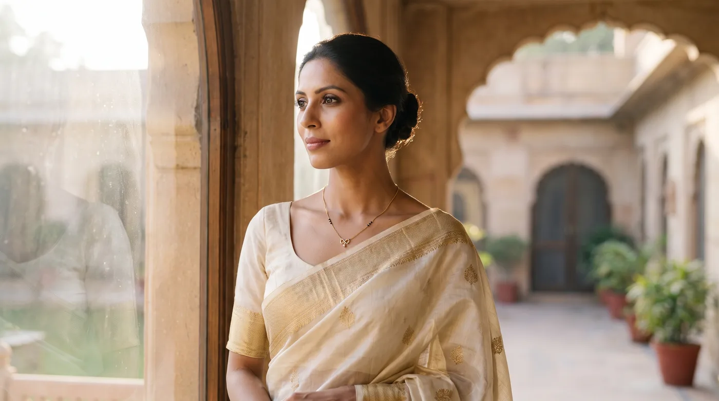yellow gold mangalsutra design 2026 buying guide hero showing a fair-skinned Indian bride wearing The Casma Mangalsutra in yellow gold