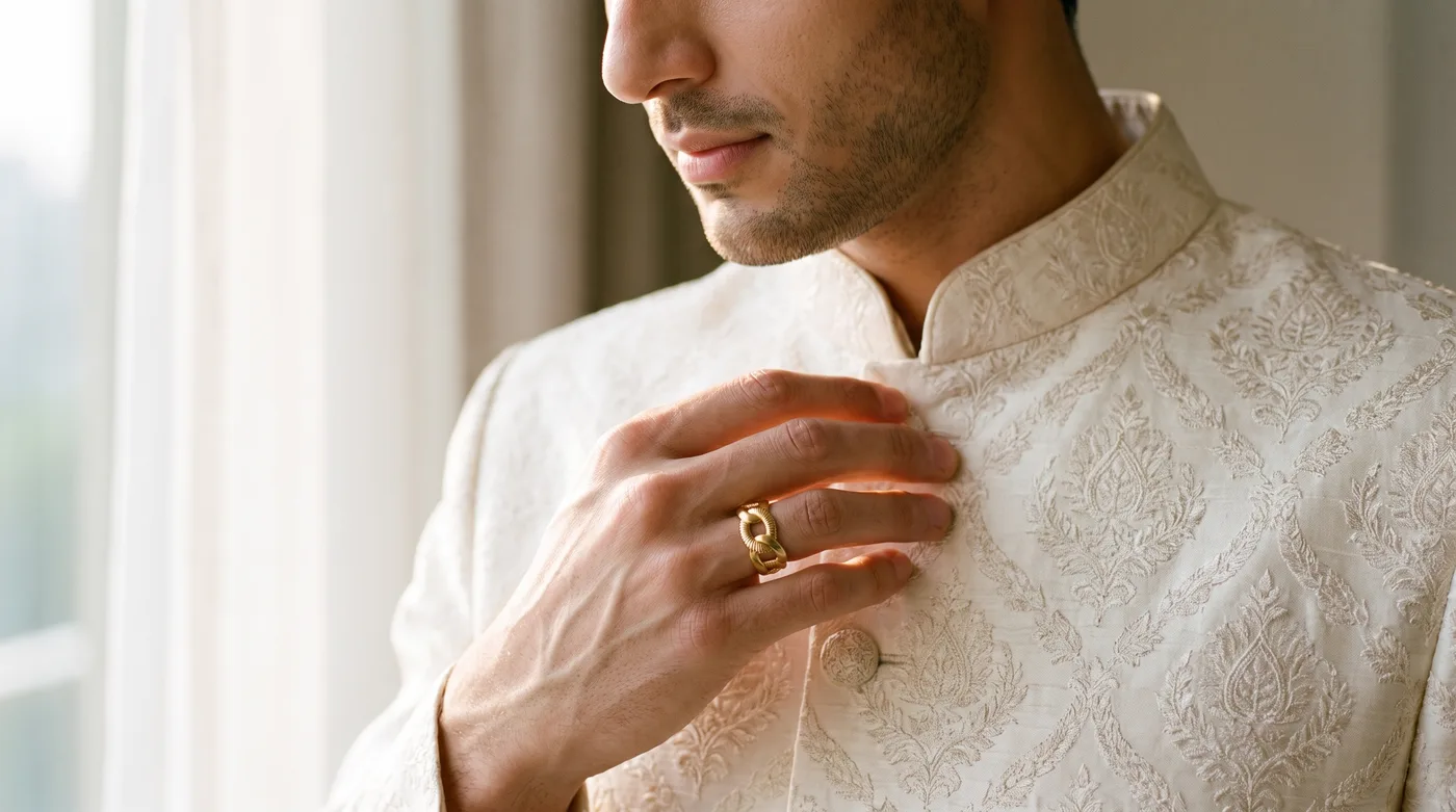 Mens gold wedding rings 2026: The Jasper Band For Him on groom's hand