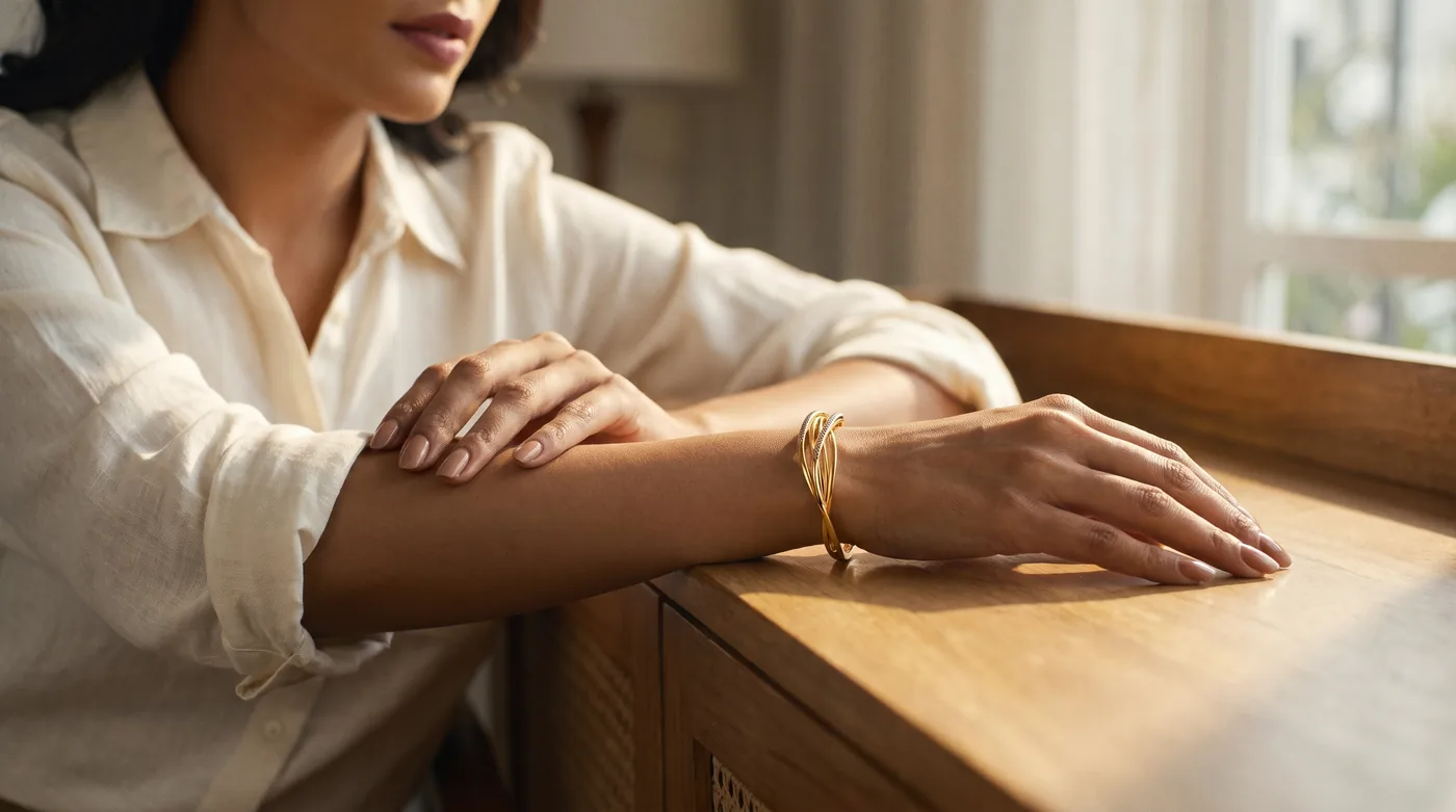 plain daily wear gold bangles 2026 hero: fair-skinned Indian woman wearing The Skein Bangle in 18K gold