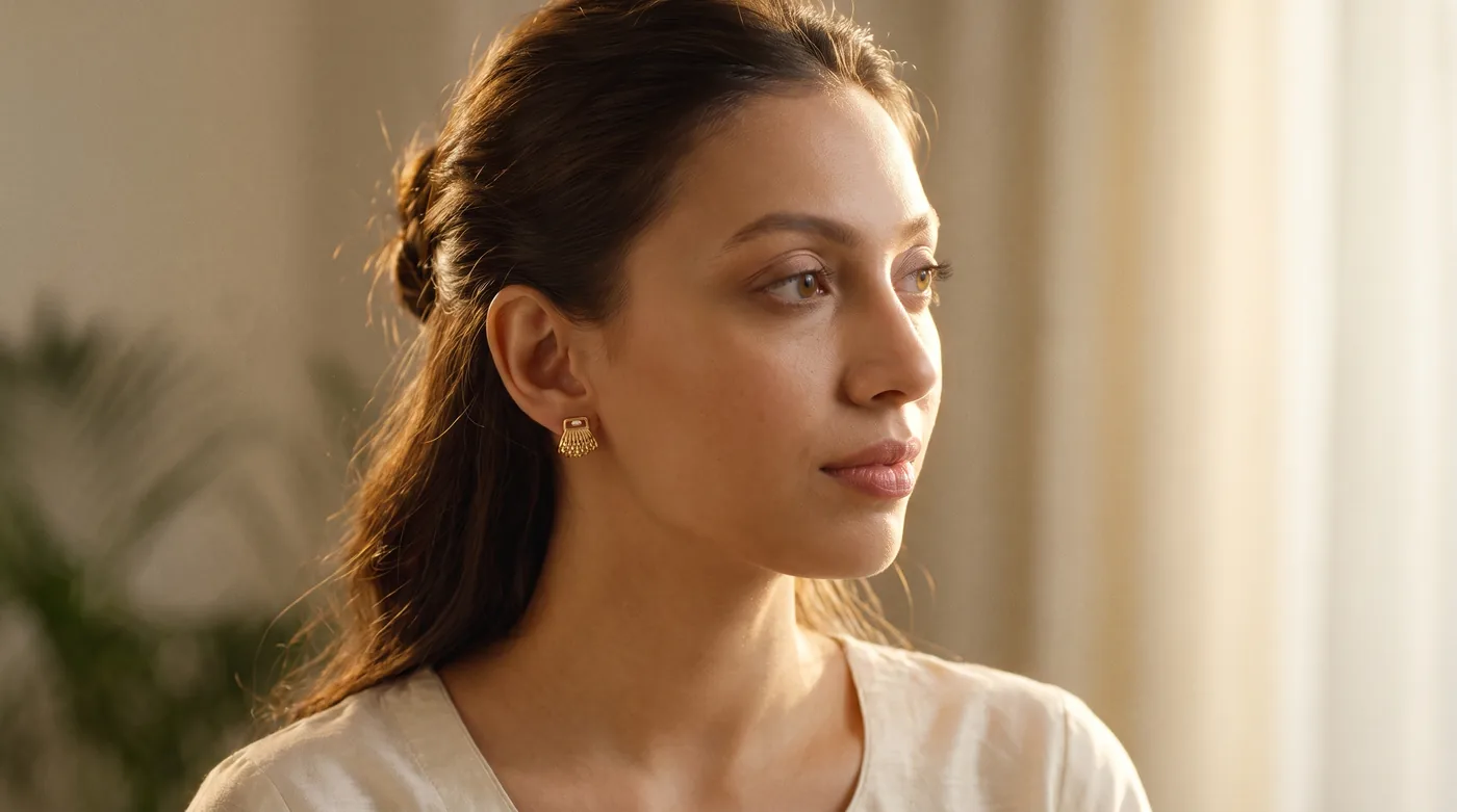 small jhumka earrings gold 2026 hero: fair-skinned Indian woman wearing The Faliha Purse Hoop Earrings in 18K gold
