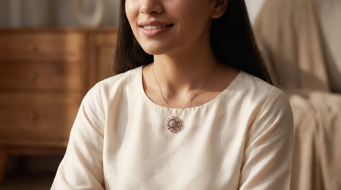 white necklace 2026 hero: fair-skinned Indian woman wearing The Teshvarya Pendant in natural morning light